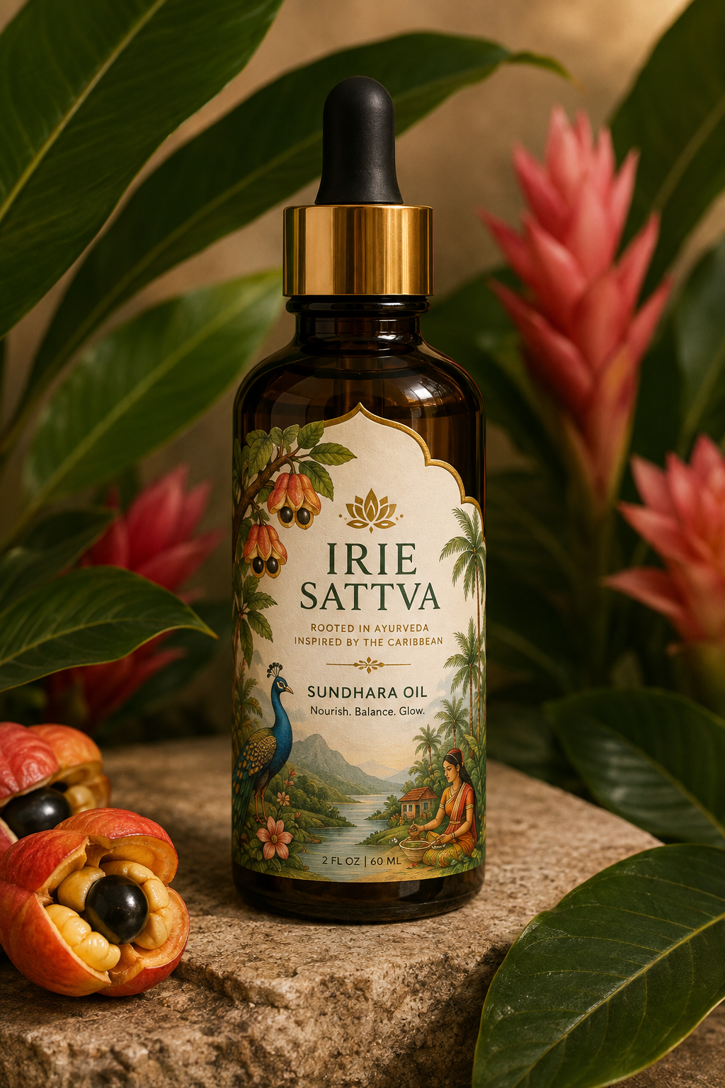 Sundhara Oil — an amber dropper bottle with the Irie Sattva peacock label